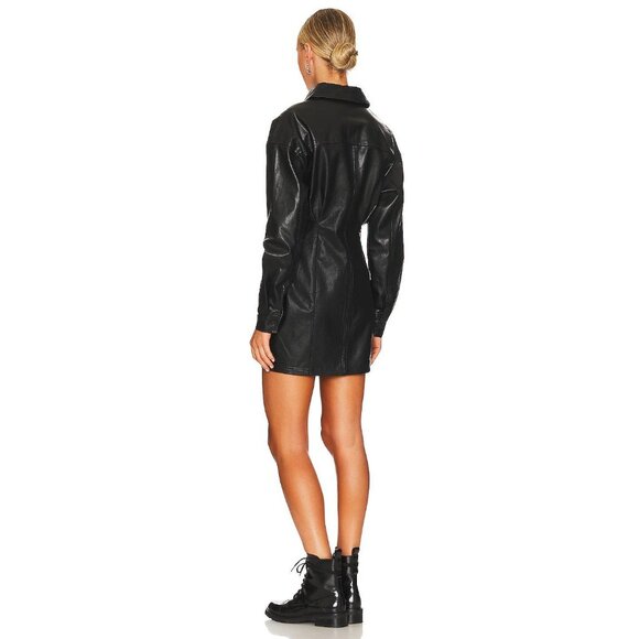 Line & Dot Lou Faux Leather Mini Dress in Black Small Womens Vegan Shirtdress - Picture 2 of 13